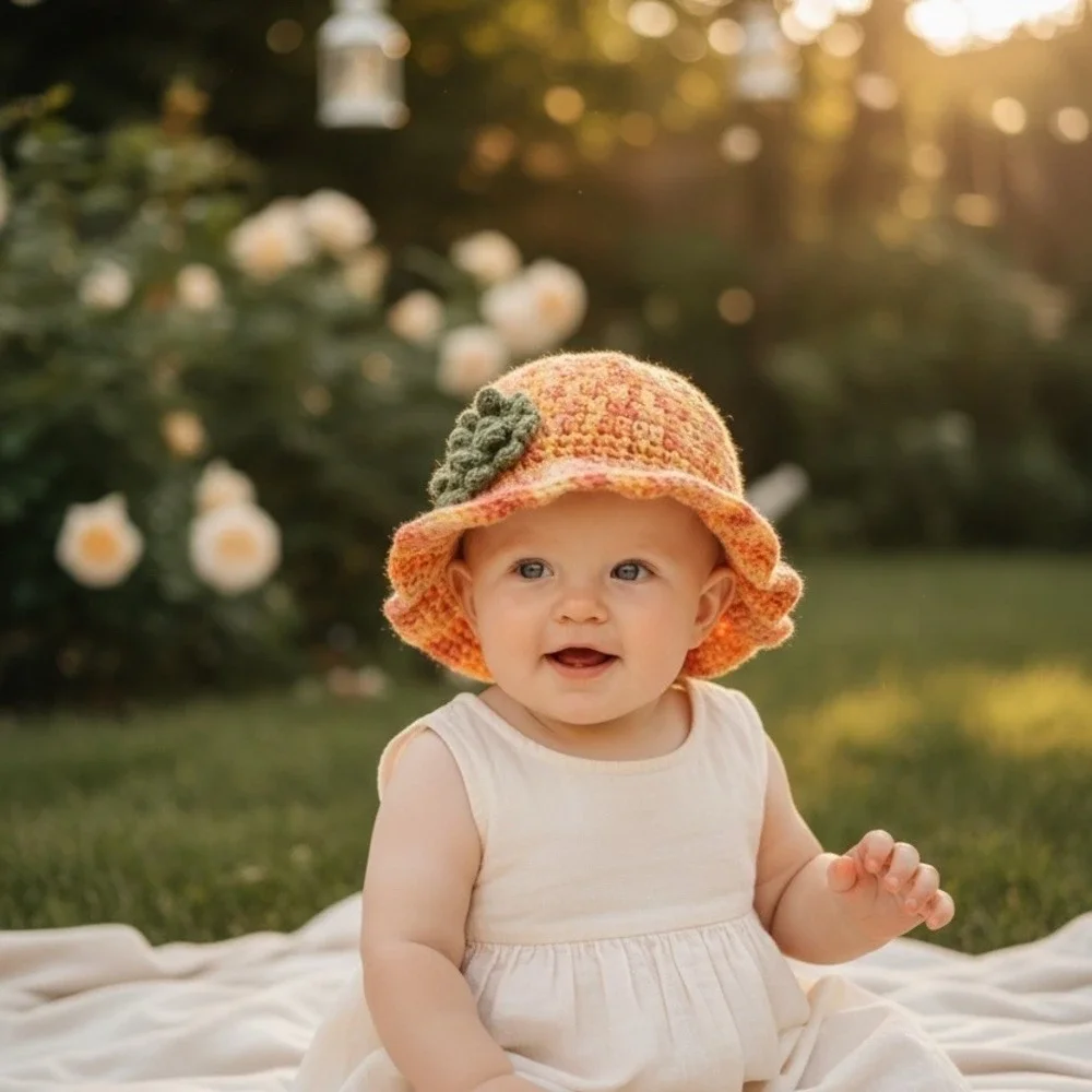 Handmade Crochet Baby‎ Sun Hat Bucket Cloche Orange Yellow Green Flower 0-6M